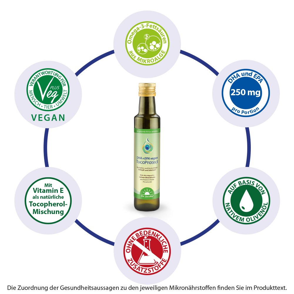 DHA + EPA vegan TocoProtect 250 ml Algenöl Olivenöl Omega-3