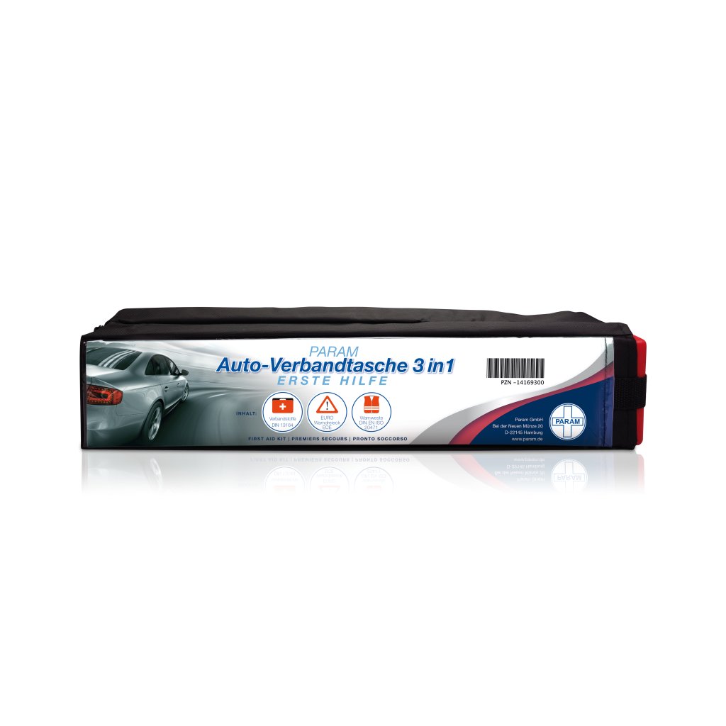 PARAM KFZ-Verbandtasche 3 in 1, 11 x 45 x 10 cm, nach DIN 13164-Norm, inkl. Warndreieck und Warnweste