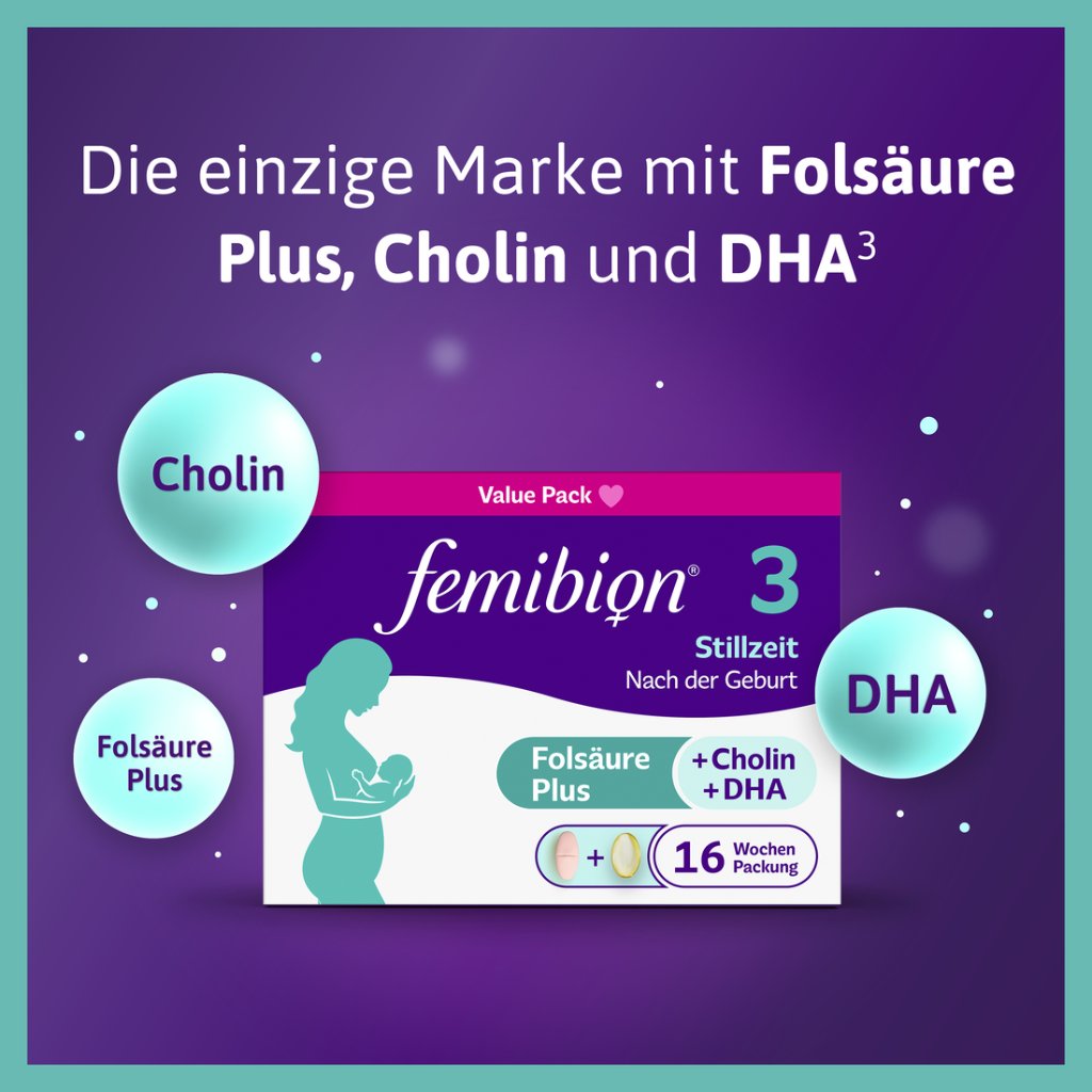 Femibion® 3 Stillzeit, Tägliches Nahrungsergänzung für die Laktation, Mit Cholin, DHA, Folsäure, Metafolin®, 4-Wochen-Pack, 2 x 28 Stück