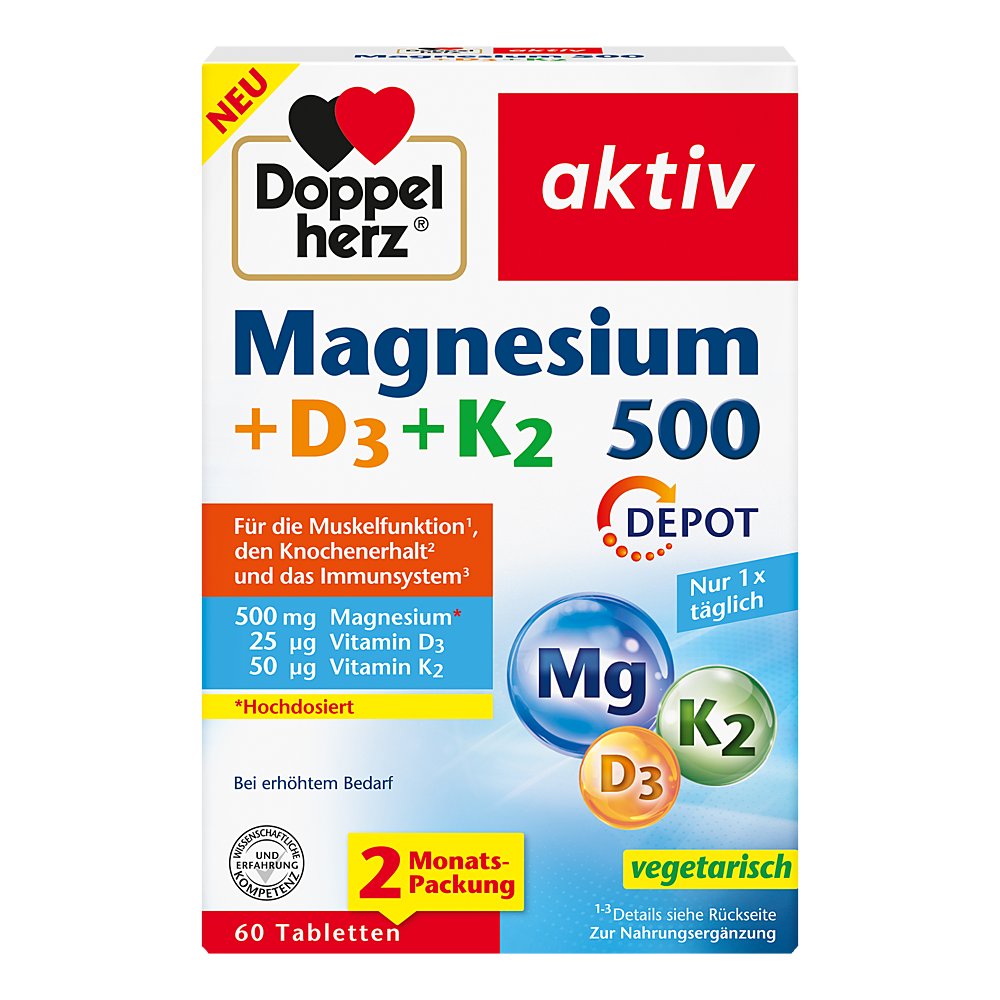 DOPPELHERZ Magnesium 500+D3+K2 Depot Tabletten