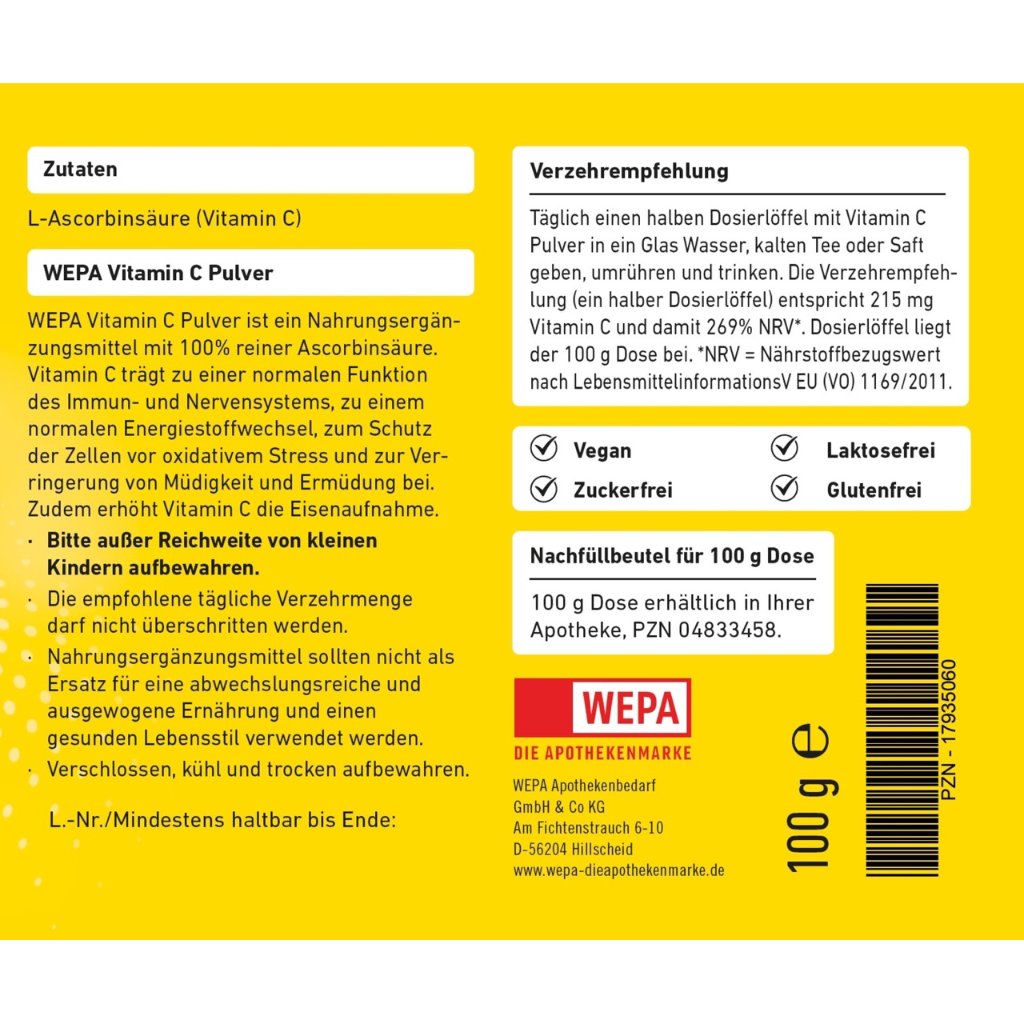 WEPA Vitamin C Pulver, 100 g Nachfüllbeutel
