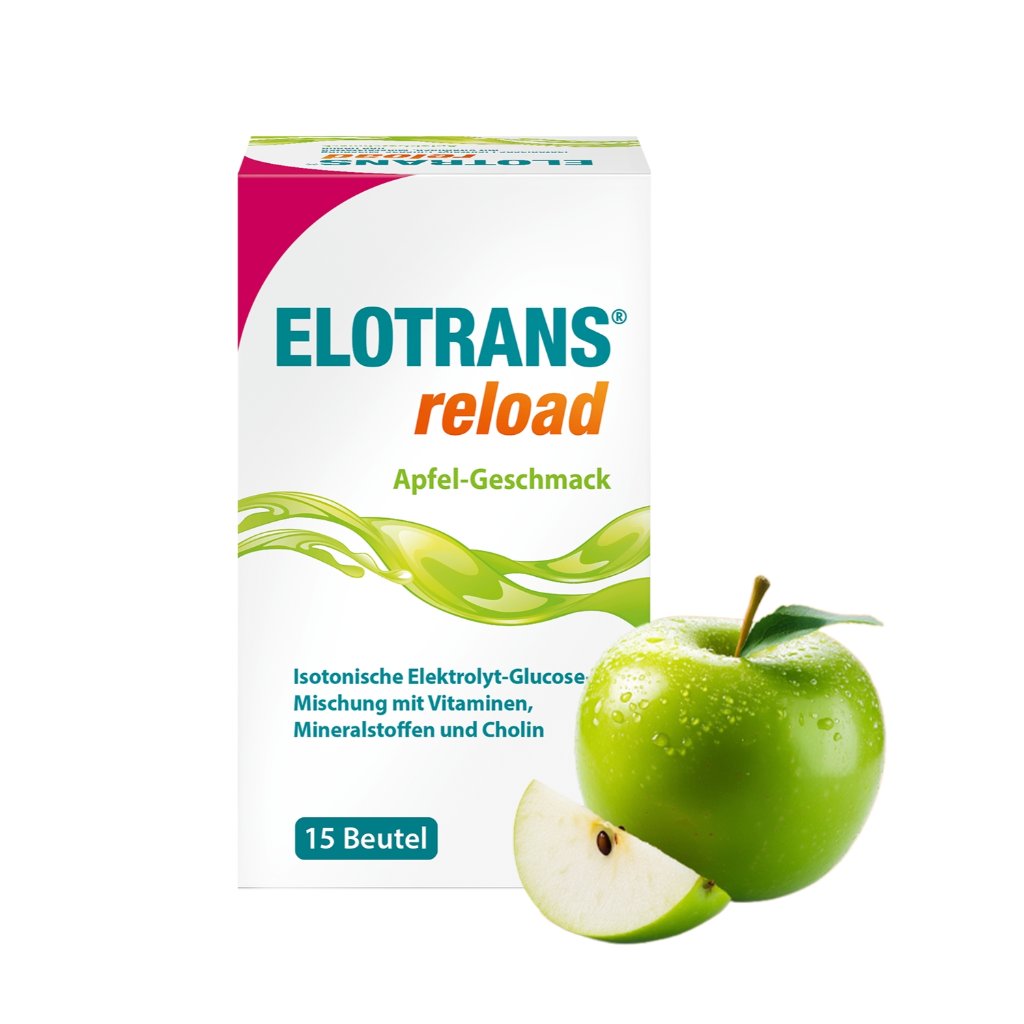 Elotrans® reload – Veganes Trinkpulver Apfel – Isotonische Elektrolyt-Glucose-Mischung mit Vitaminen, Mineralstoffen und Cholin,15 Stück