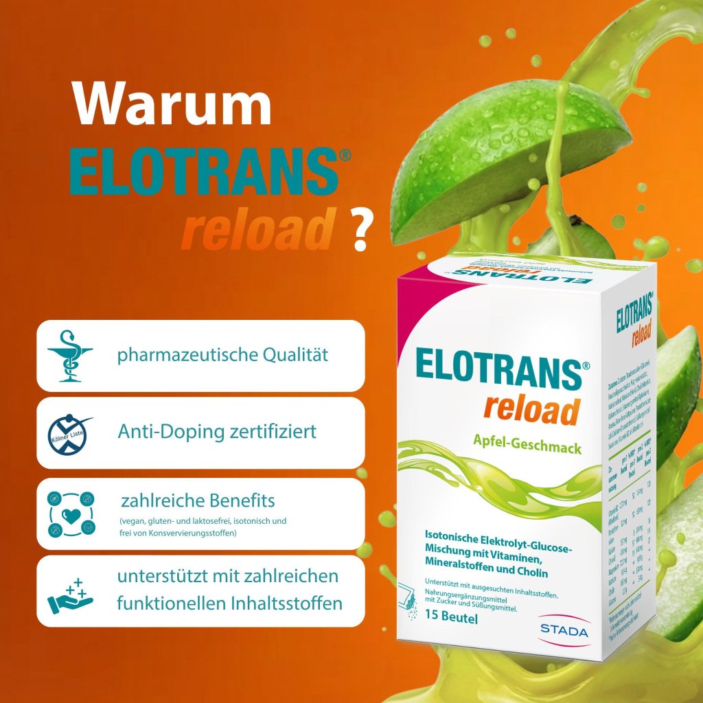 Elotrans® reload – Veganes Trinkpulver Apfel – Isotonische Elektrolyt-Glucose-Mischung mit Vitaminen, Mineralstoffen und Cholin,15 Stück