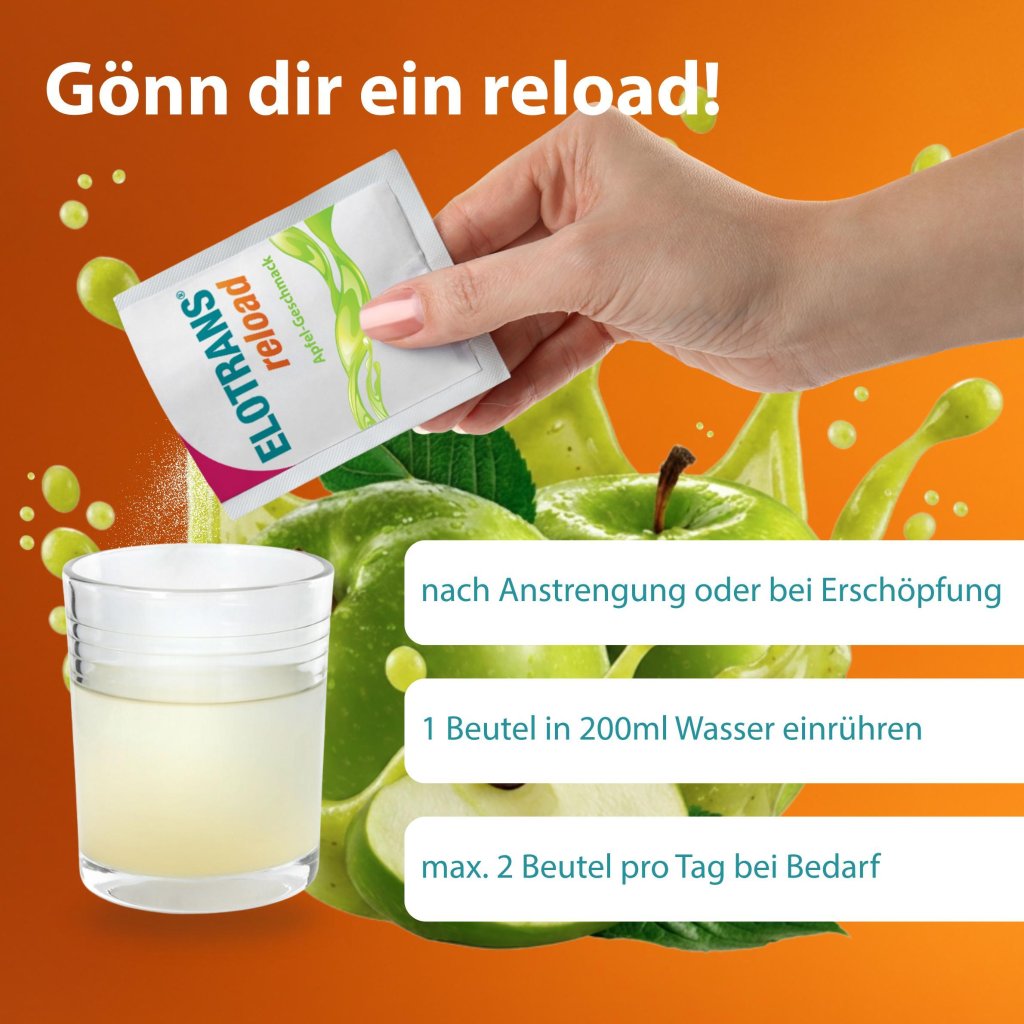 Elotrans® reload – Veganes Trinkpulver Apfel – Isotonische Elektrolyt-Glucose-Mischung mit Vitaminen, Mineralstoffen und Cholin,15 Stück