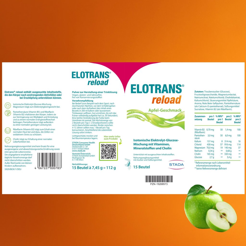 Elotrans® reload – Veganes Trinkpulver Apfel – Isotonische Elektrolyt-Glucose-Mischung mit Vitaminen, Mineralstoffen und Cholin,15 Stück