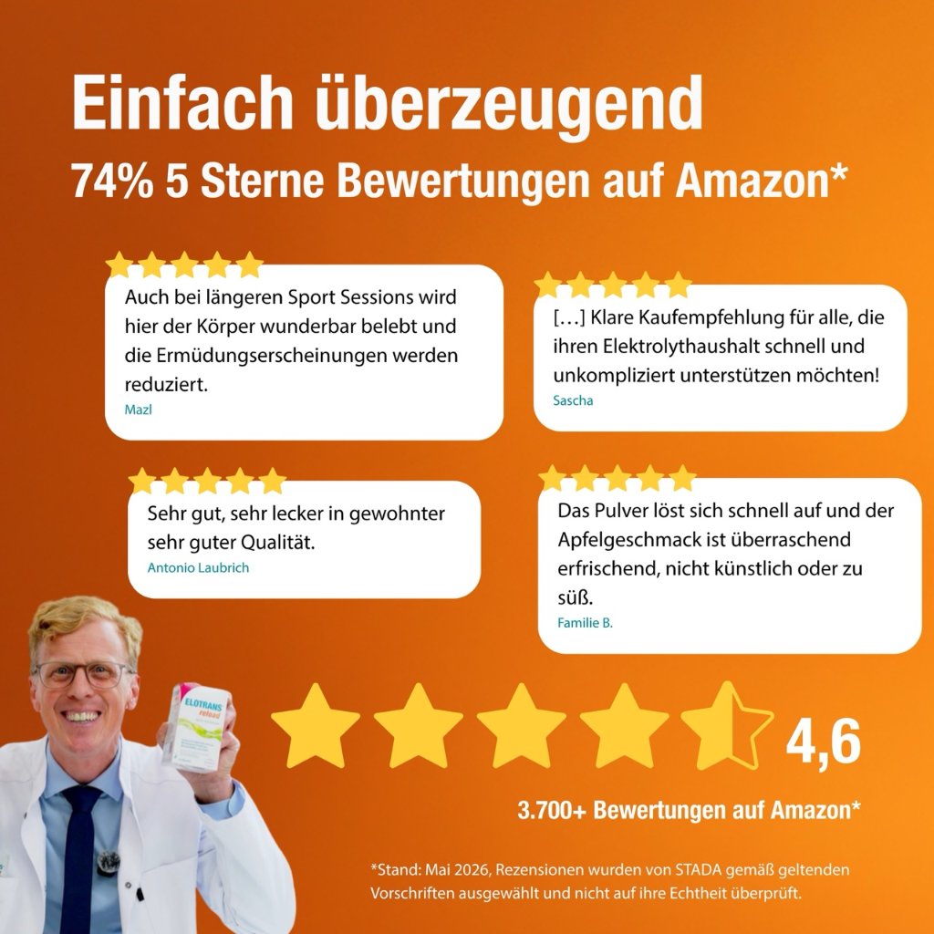 Elotrans® reload – Veganes Trinkpulver Apfel – Isotonische Elektrolyt-Glucose-Mischung mit Vitaminen, Mineralstoffen und Cholin,15 Stück