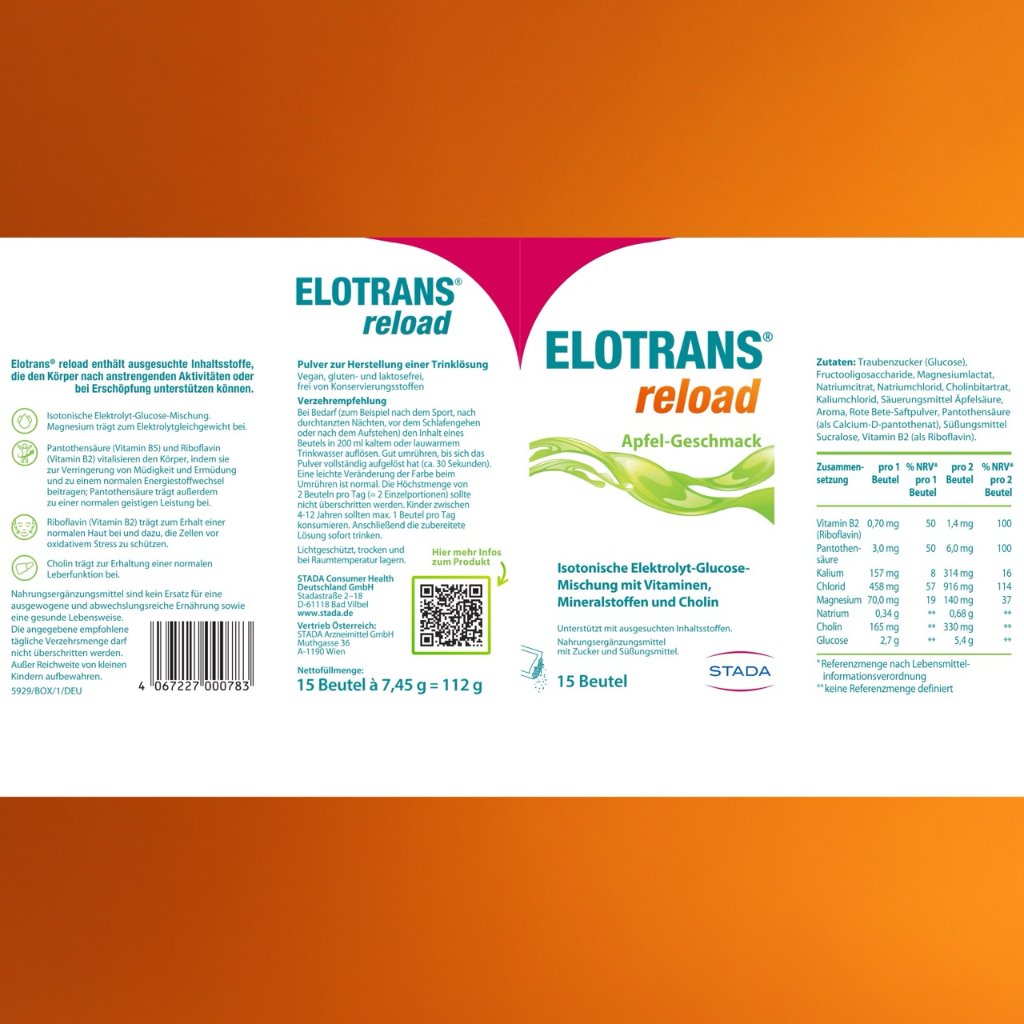 Elotrans® reload – Veganes Trinkpulver Apfel – Isotonische Elektrolyt-Glucose-Mischung mit Vitaminen, Mineralstoffen und Cholin,15 Stück