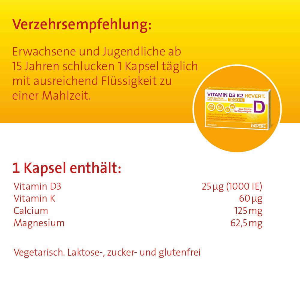Vitamin D3 K2 Hevert plus Calcium und Magnesium 1000 IE