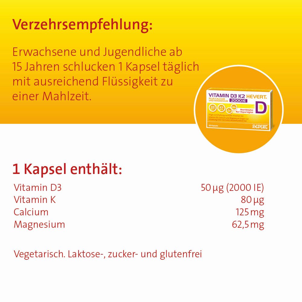 Vitamin D3 K2 Hevert plus Calcium und Magnesium 2000 IE