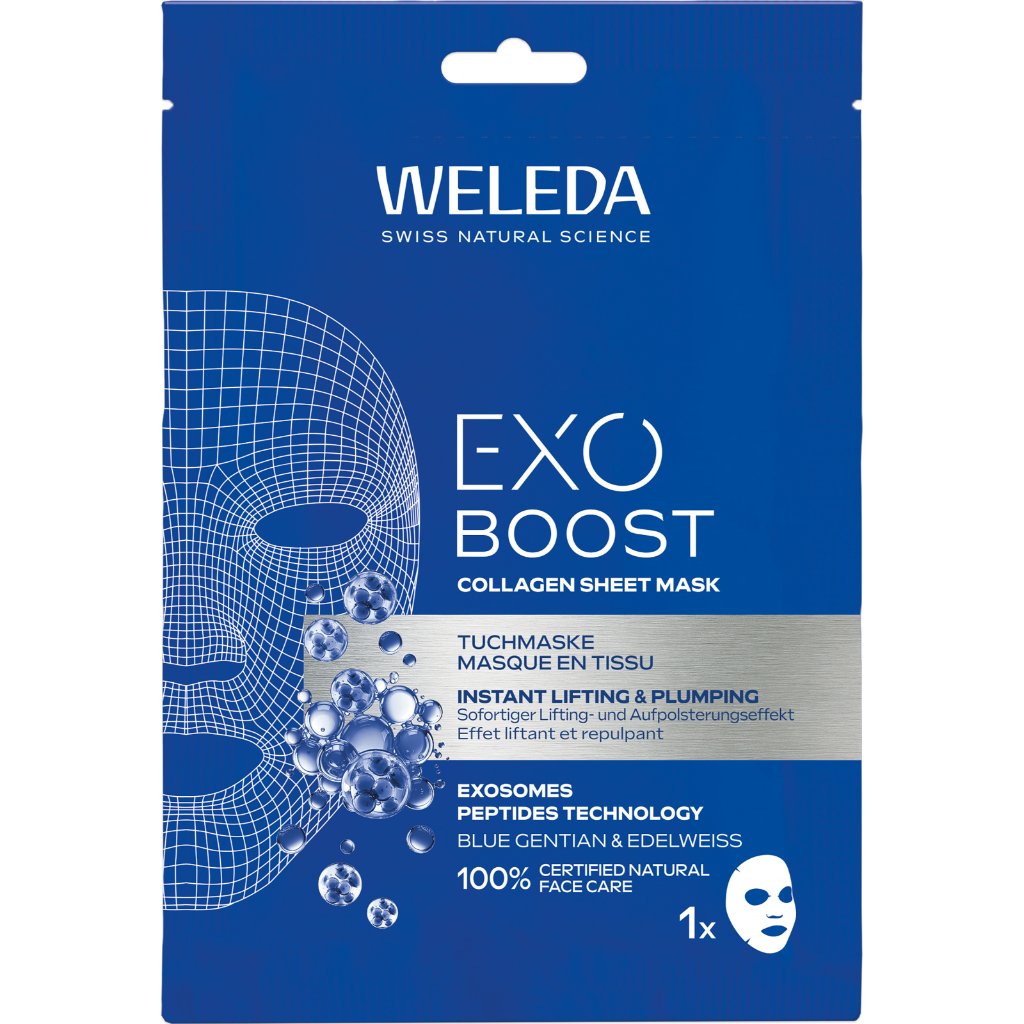 WELEDA Exo Boost Collagen Tuchmaske blauer Enzian