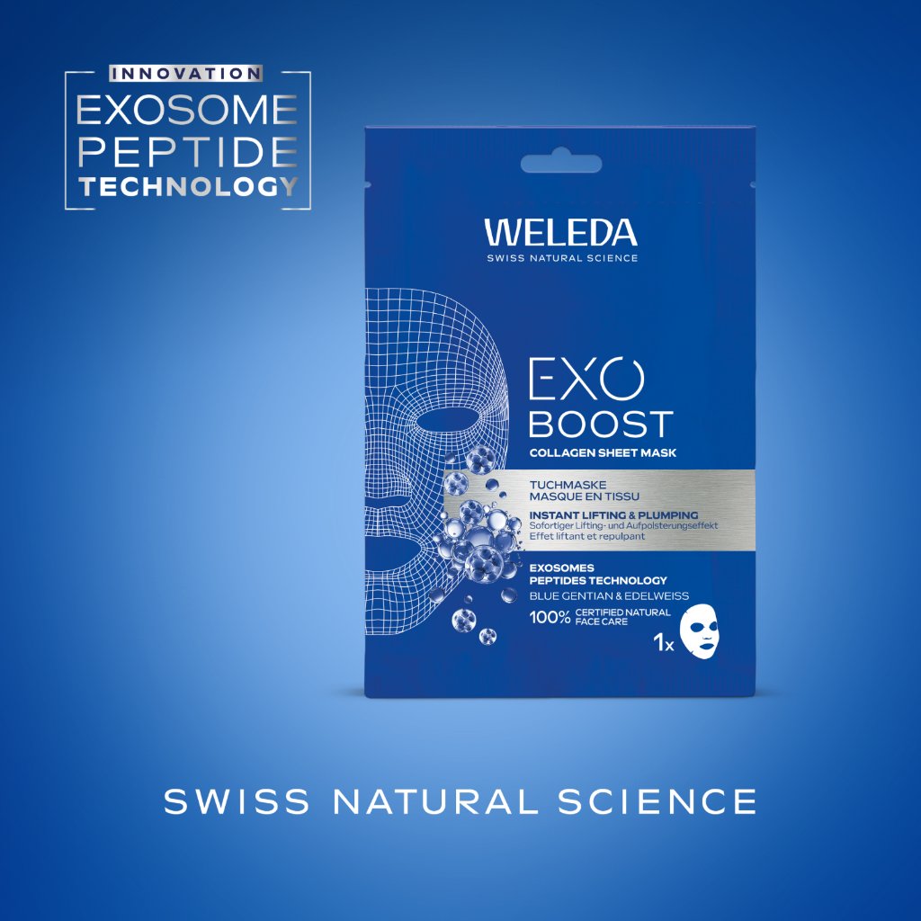 WELEDA Exo Boost Collagen Tuchmaske blauer Enzian