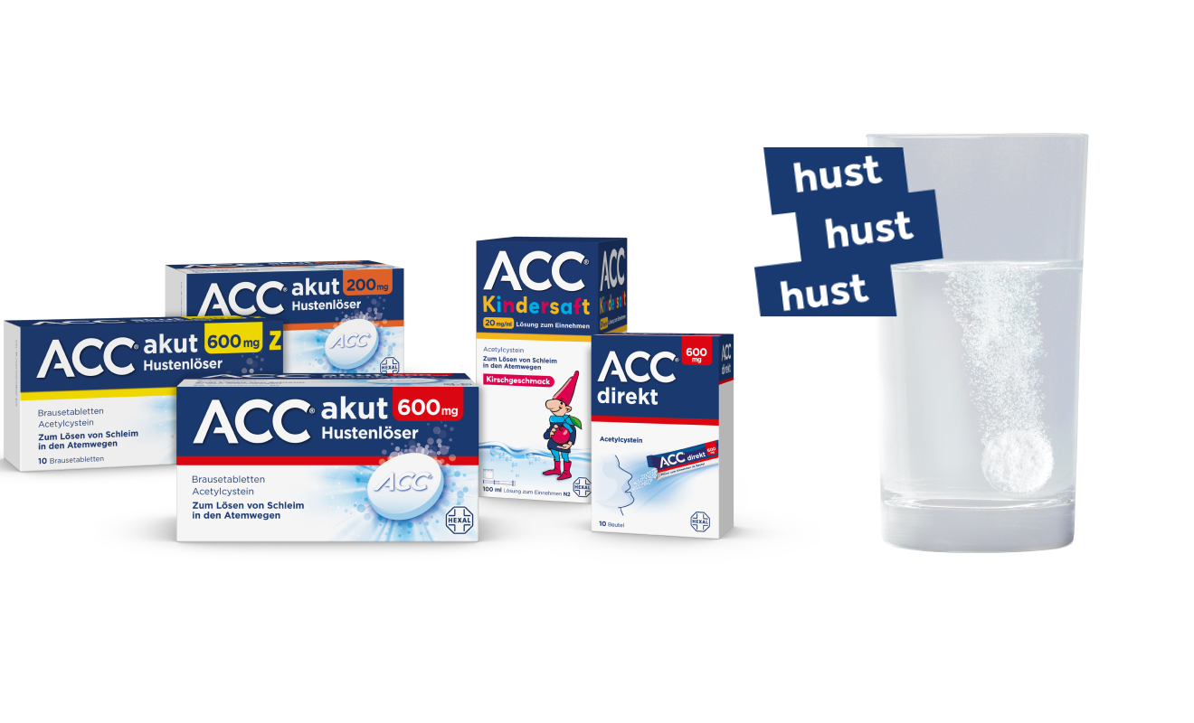 Anzeige für ACC akut. Sie husten. Wir lösen. ACC®. Das passende Produkt für jeden in der Familie.